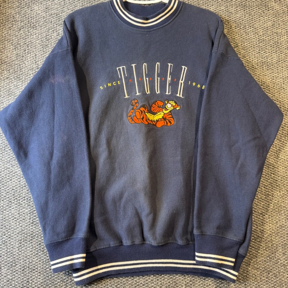 Vintage Disney Catalog Tigger Sweatshirt Navy Blue Striped Trim L Made in USA